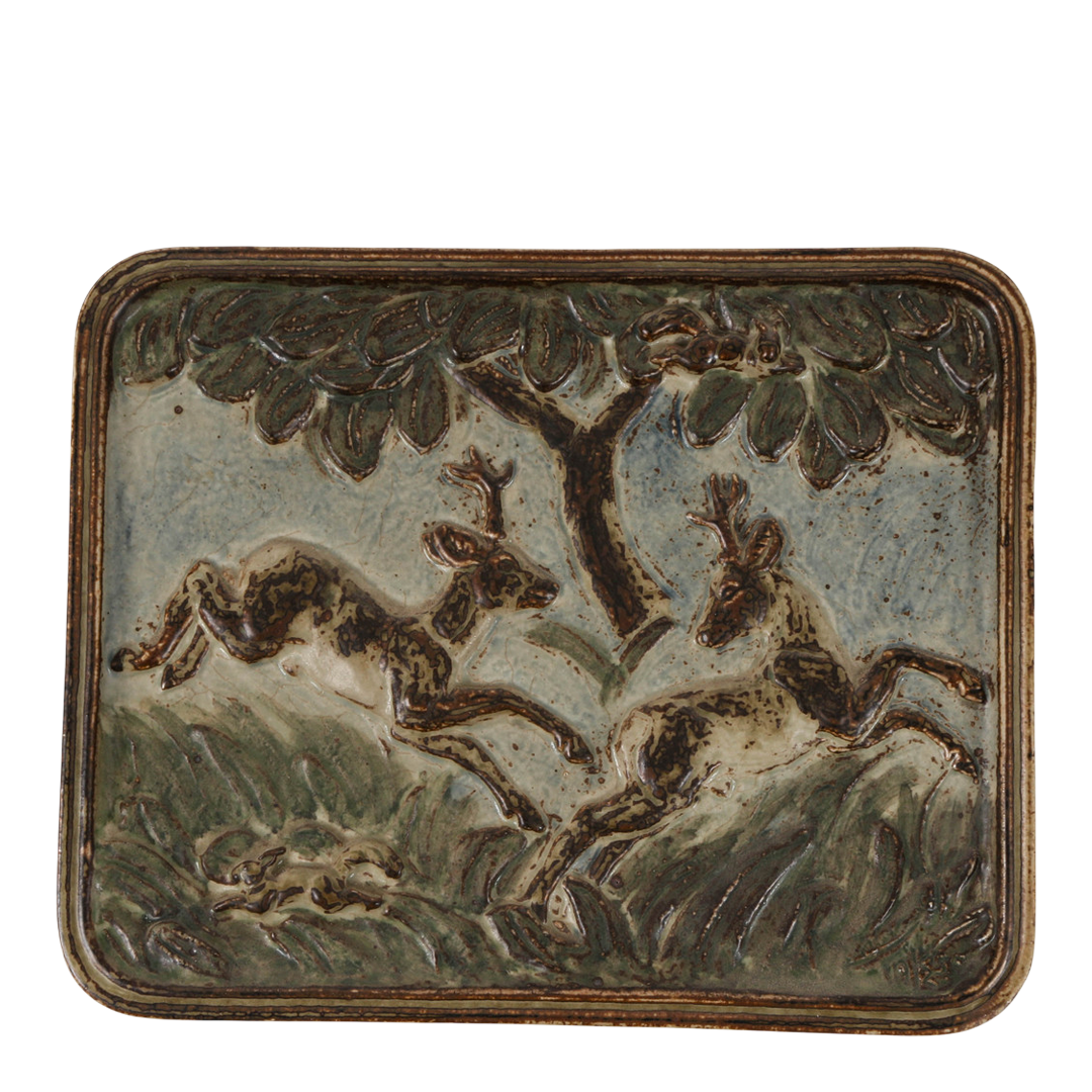 Late 1930s Knud Kyhn : "Sung" glazed ceramic relief w/deer for Royal Copenhagen