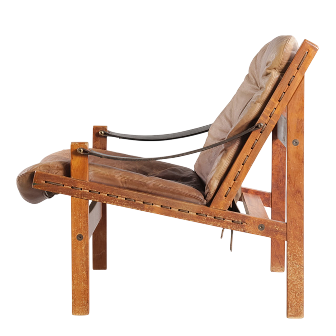 1970s Torbjørn Afdal : light leather & canvas sling "Hunter" lounge chair