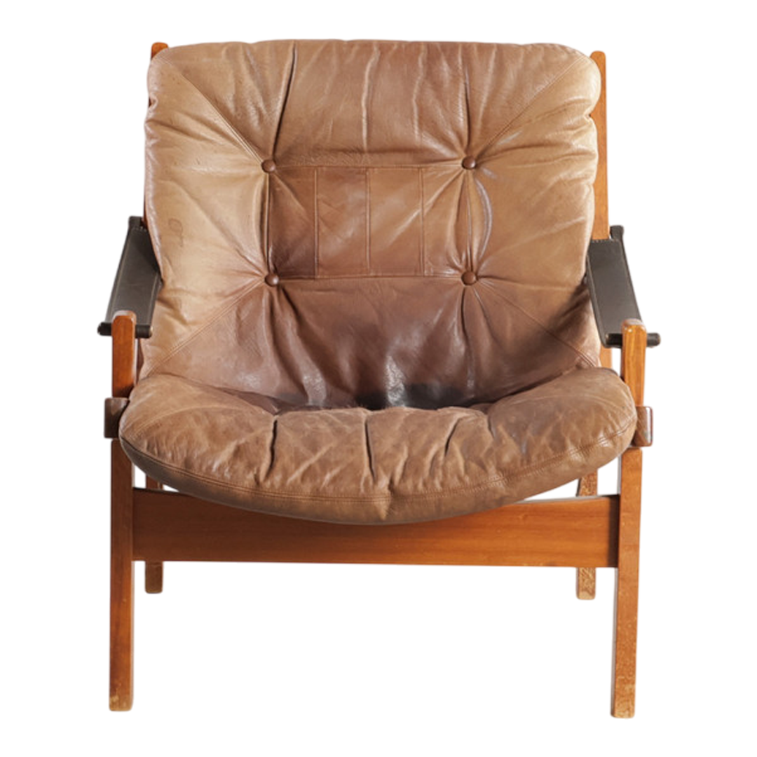 1970s Torbjørn Afdal : light leather & canvas sling "Hunter" lounge chair