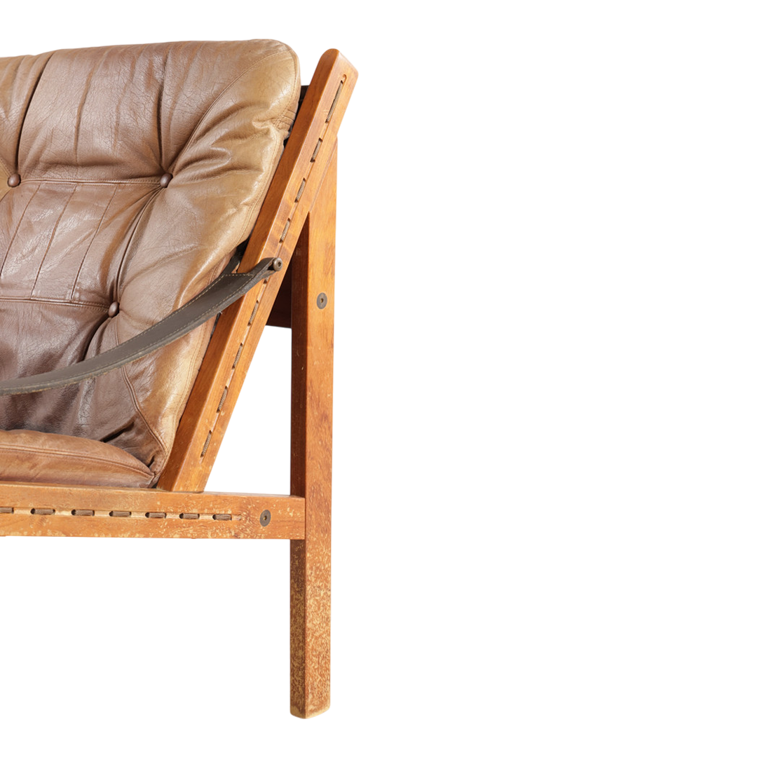 1970s Torbjørn Afdal : light leather & canvas sling "Hunter" lounge chair