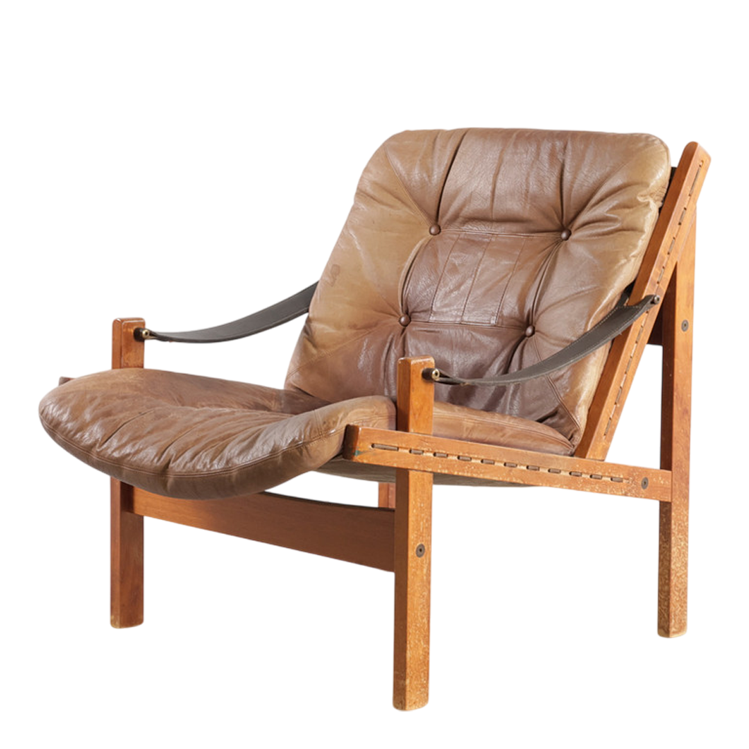 1970s Torbjørn Afdal : light leather & canvas sling "Hunter" lounge chair