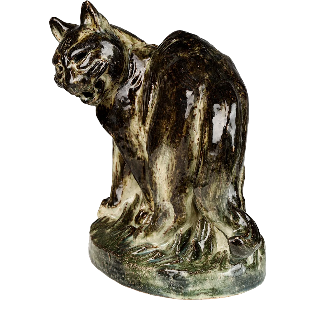 1963 Knud Kyhn : large green Sung glazed ceramic Cat, Denmark