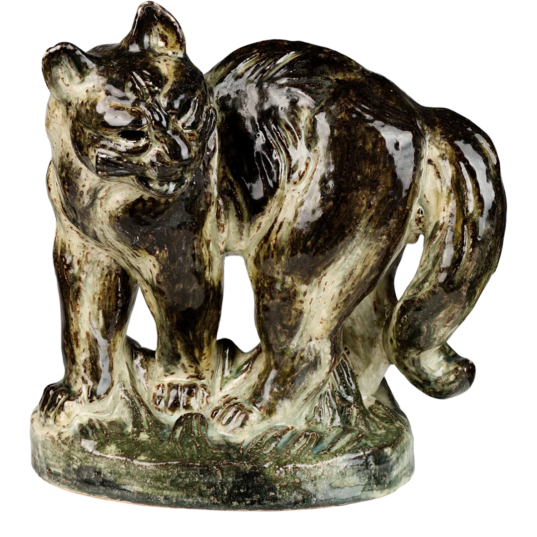 1963 Knud Kyhn : large green Sung glazed ceramic Cat, Denmark