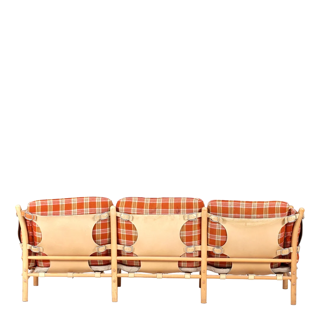 1970s Arne Norell : 3-seat "Ilona" sofa, light leather and plaid cushions