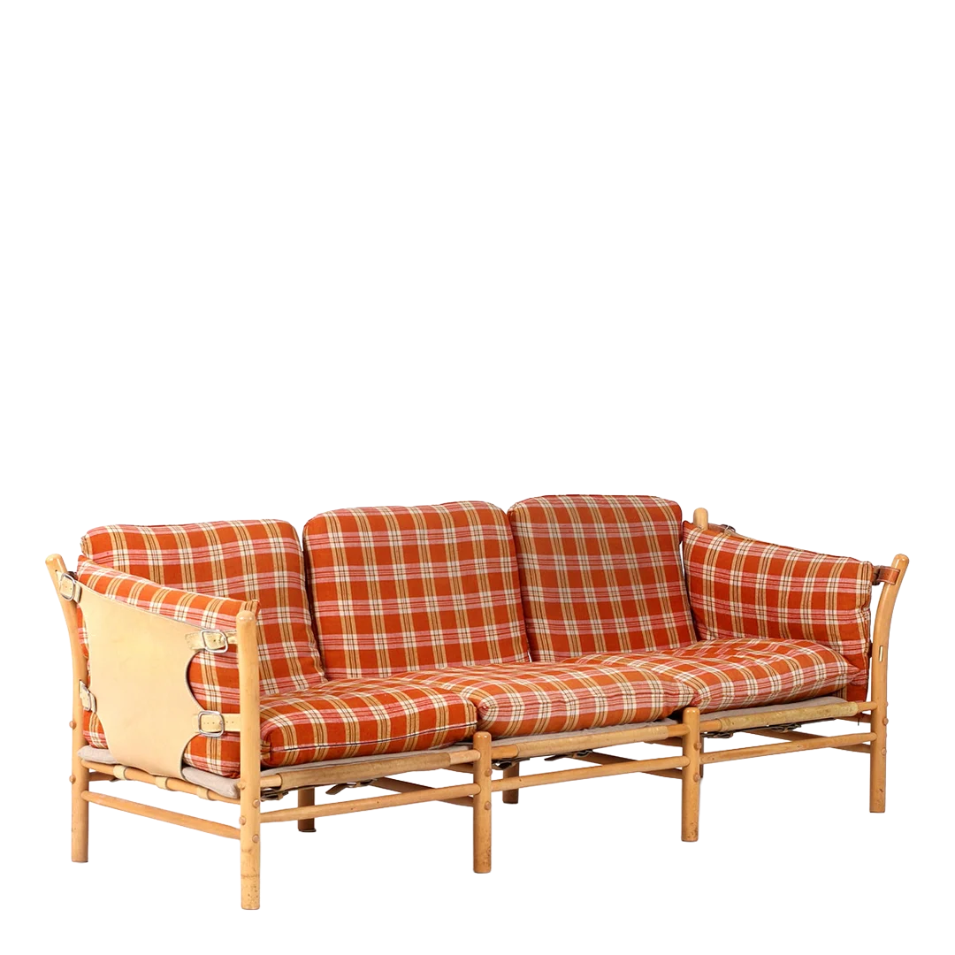 1970s Arne Norell : 3-seat "Ilona" sofa, light leather and plaid cushions