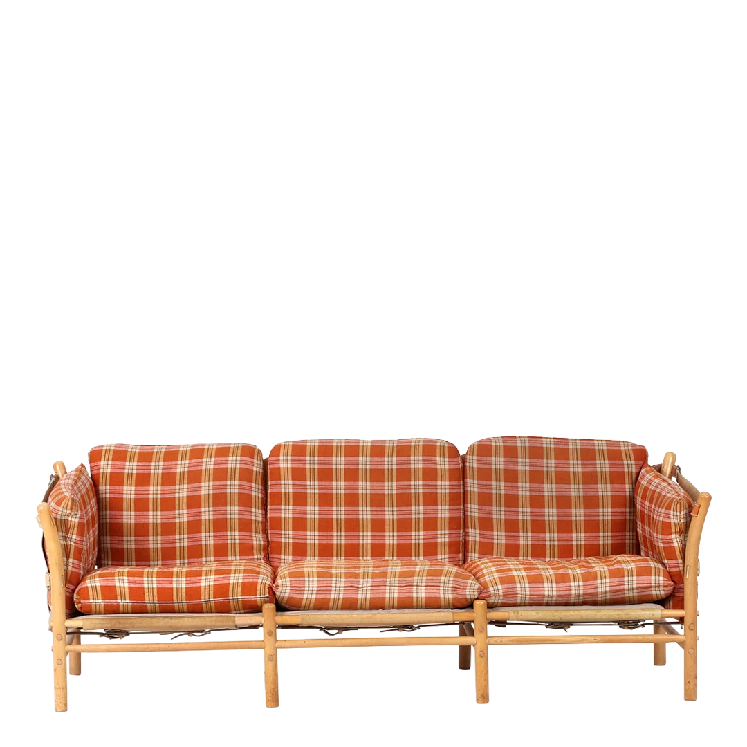 1970s Arne Norell : 3-seat "Ilona" sofa, light leather and plaid cushions