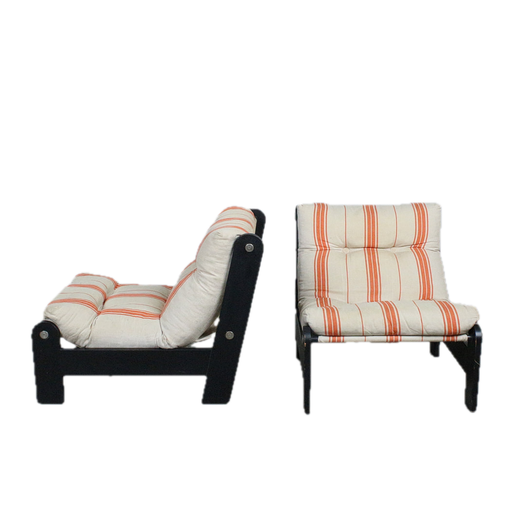 1970s Swedish : pair of black laquered wood & striped linen lounge chair set