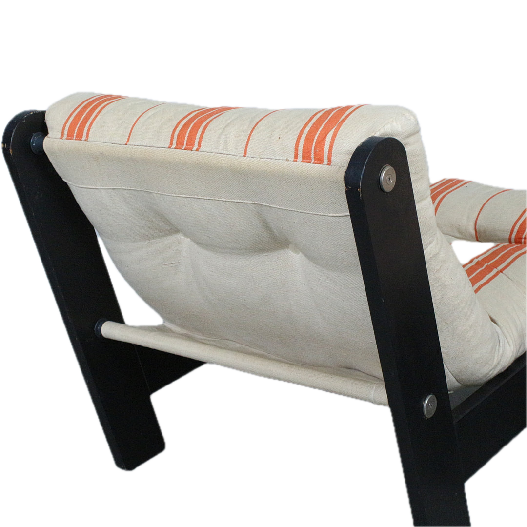 1970s Swedish : pair of black laquered wood & striped linen lounge chair set