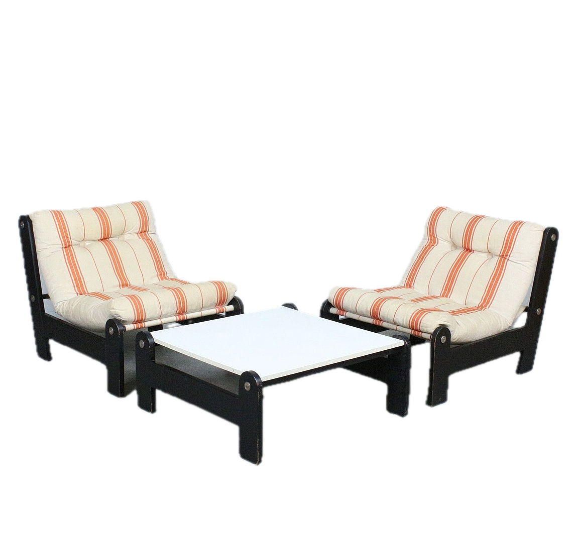 1970s Swedish : pair of black laquered wood & striped linen lounge chair set