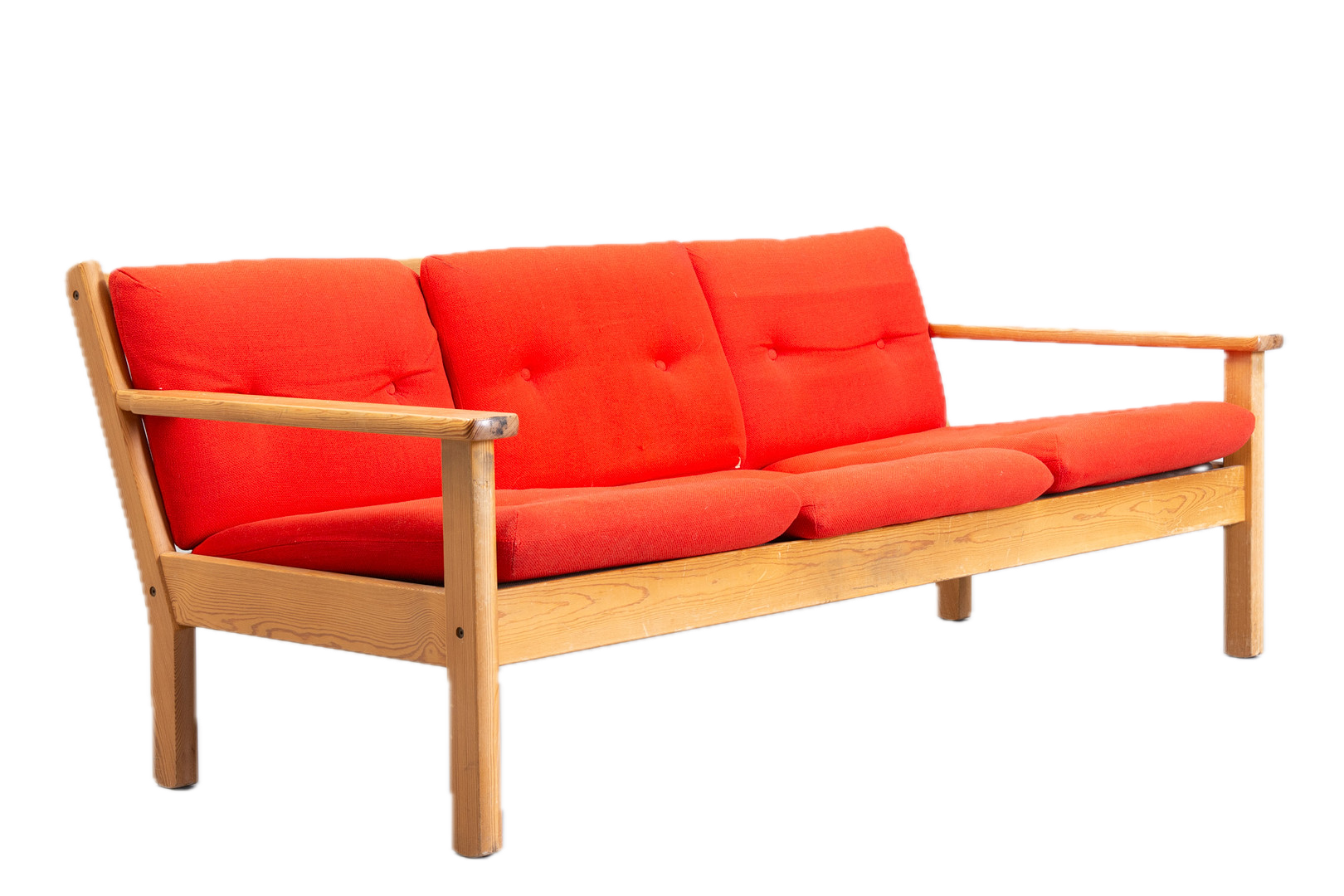 1970s Erik Wørts : pinewood and oange wool 3-seat sofa, Sweden