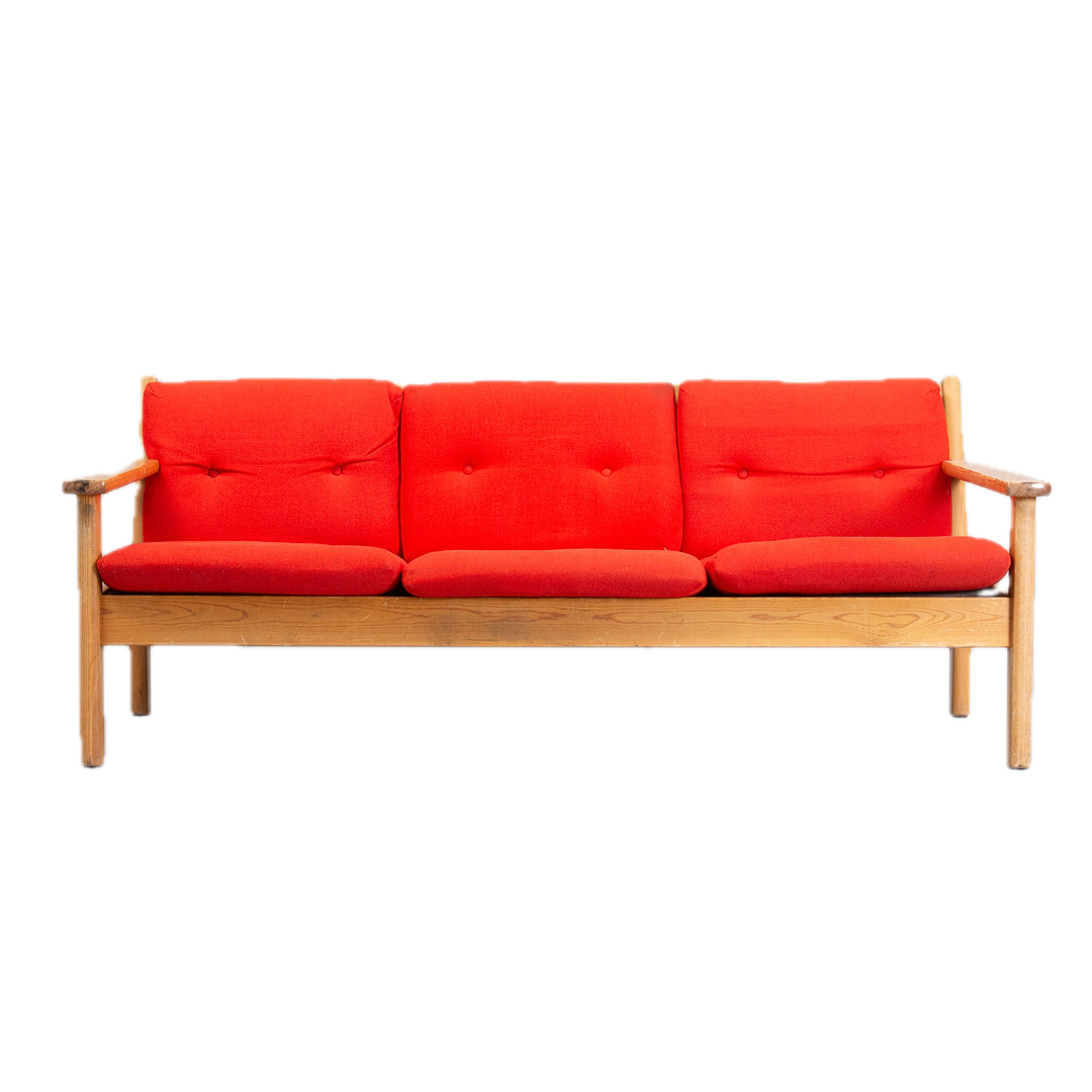 1970s Erik Wørts : pinewood and oange wool 3-seat sofa, Sweden