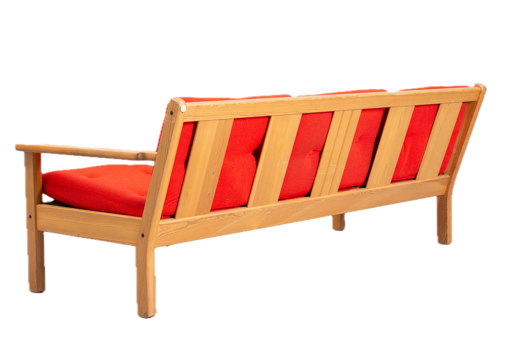 1970s Erik Wørts : pinewood and oange wool 3-seat sofa, Sweden