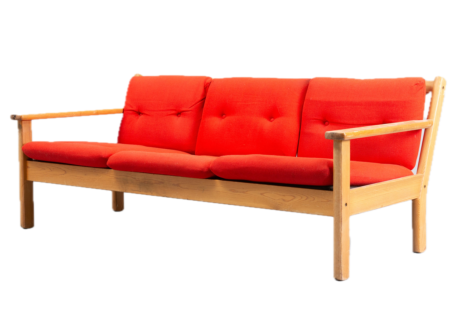 1970s Erik Wørts : pinewood and oange wool 3-seat sofa, Sweden