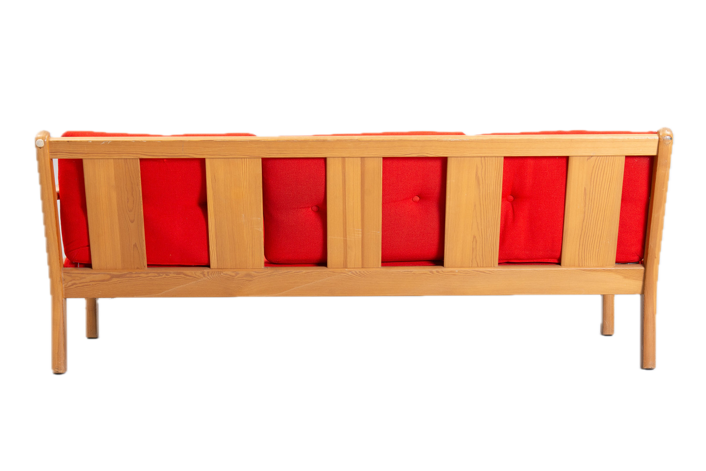 1970s Erik Wørts : pinewood and oange wool 3-seat sofa, Sweden