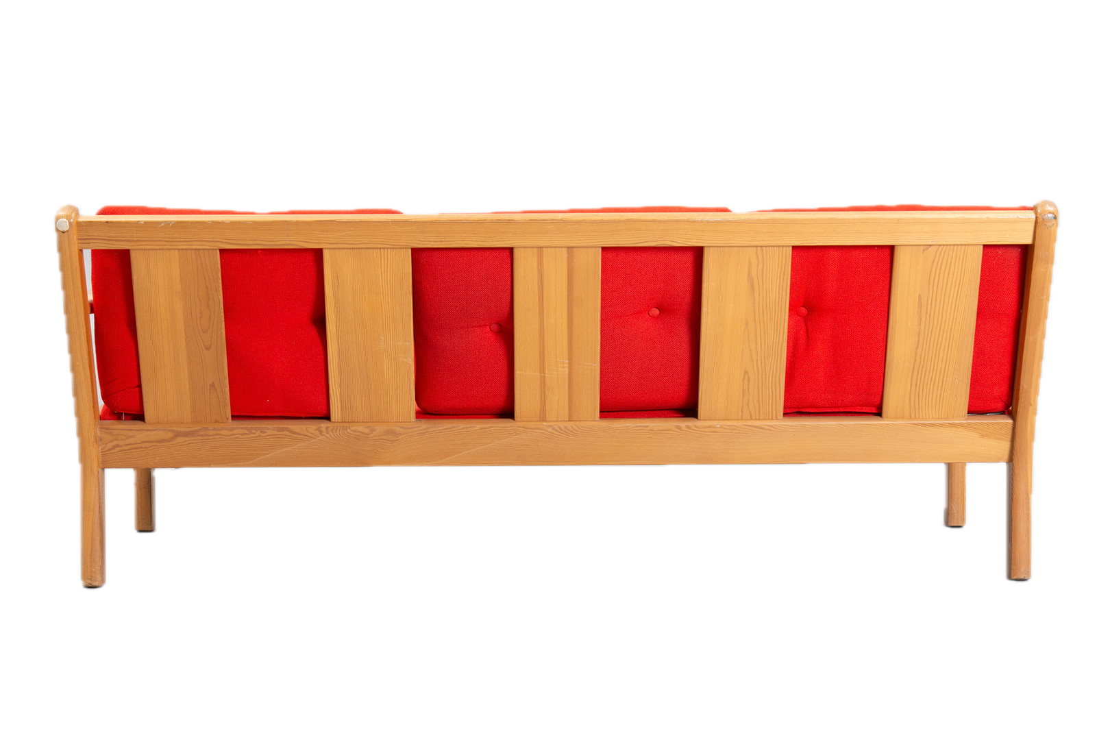 1970s Erik Wørts : pinewood and oange wool 3-seat sofa, Sweden