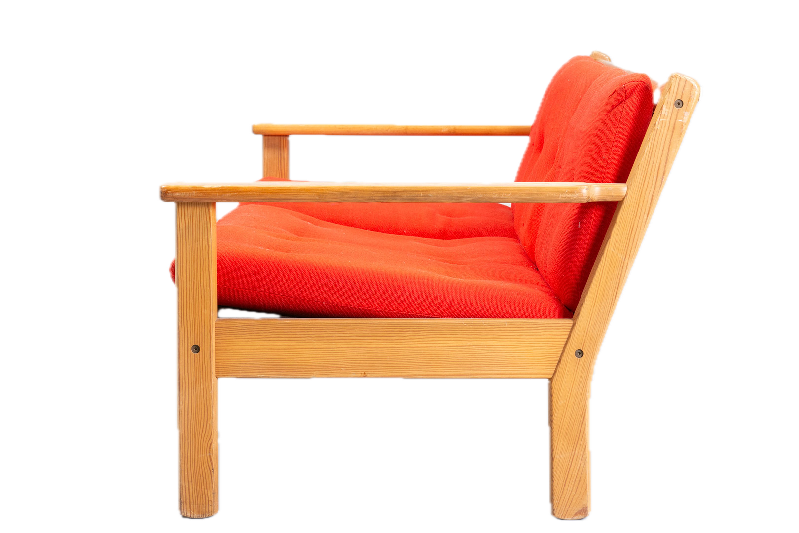 1970s Erik Wørts : pinewood and oange wool 3-seat sofa, Sweden