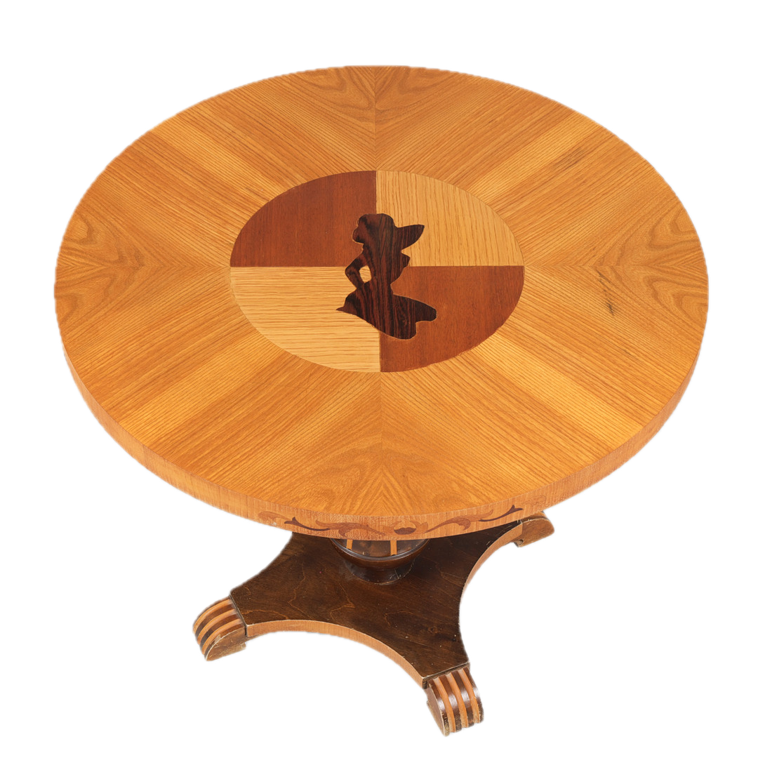 1930s Swedish Grace : 30" circular pedestal table with inset female silhouette