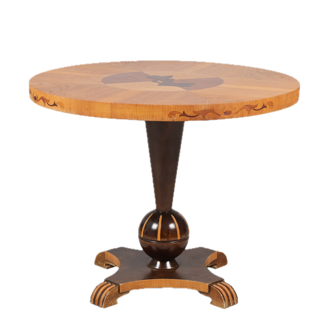 1930s Swedish Grace : 30" circular pedestal table with inset female silhouette