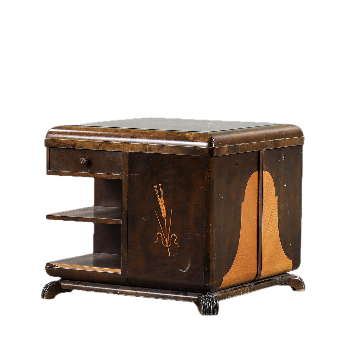 1930s Swedish : small contrasting birchwood smoking table w/intarsia