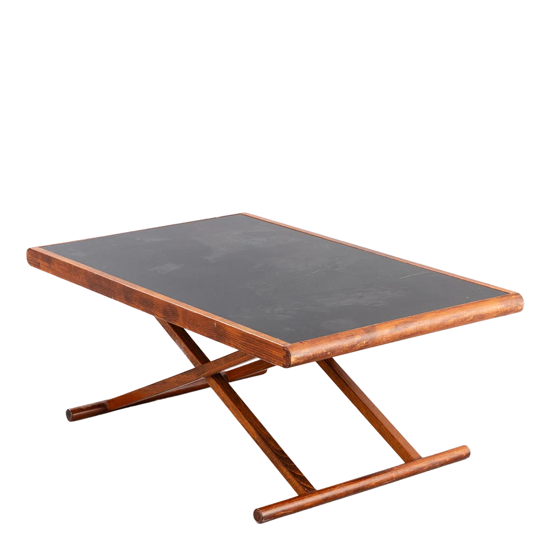 1970 Hyllinge Möbler : adjustable teak coffee table w/linoleum top, Sweden