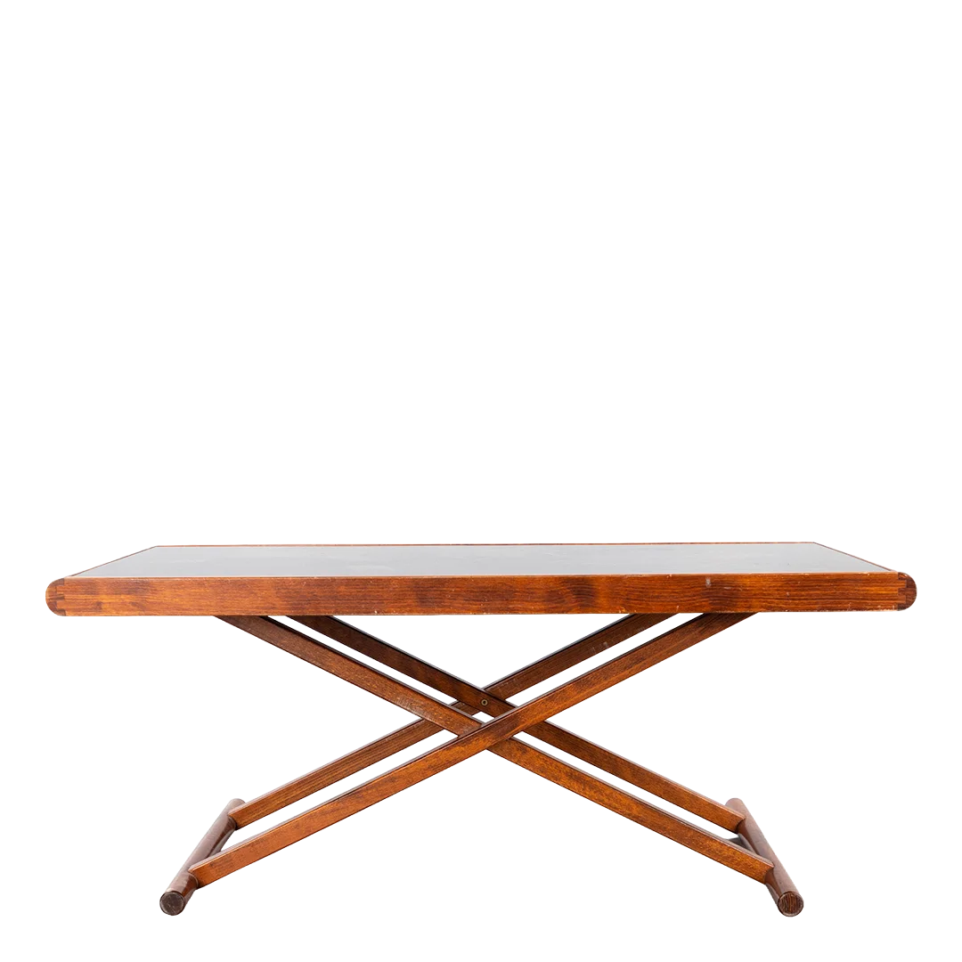 1970 Hyllinge Möbler : adjustable teak coffee table w/linoleum top, Sweden