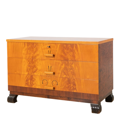 1930s Swedish Grace : burl birchwood 39" chest of drawers w/intarsia