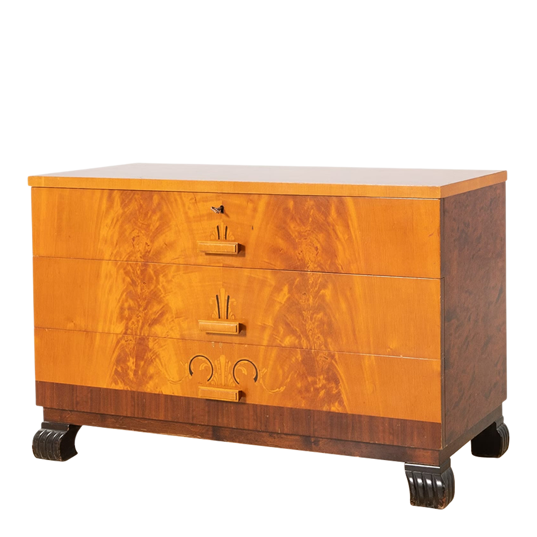 1930s Swedish Grace : burl birchwood 39" chest of drawers w/intarsia