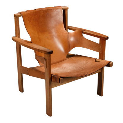 1950s Carl-Axel Acking : "Trienna" saddle leather & oak armchair