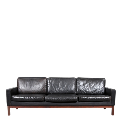 1970s Asko Finland : black leather & rosewood 3-seat sofa