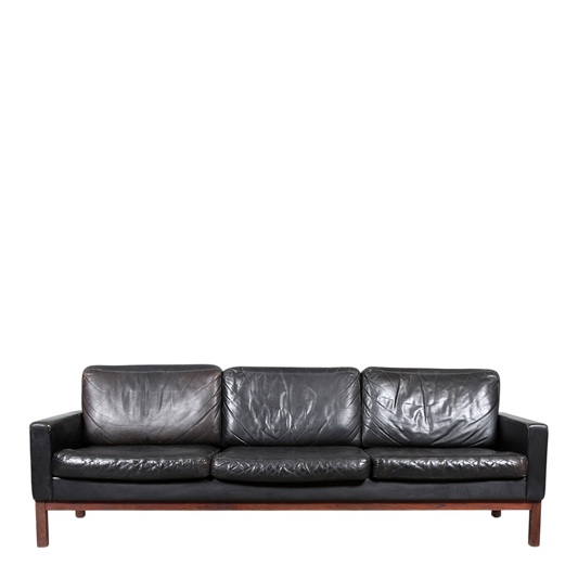 1970s Asko Finland : black leather & rosewood 3-seat sofa