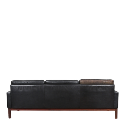 1970s Asko Finland : black leather & rosewood 3-seat sofa