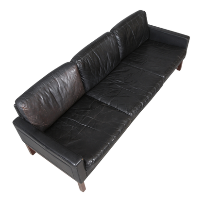 1970s Asko Finland : black leather & rosewood 3-seat sofa