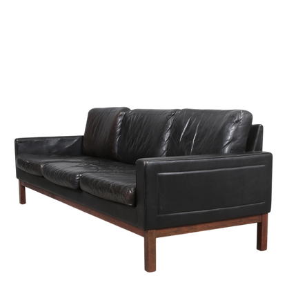 1970s Asko Finland : black leather & rosewood 3-seat sofa