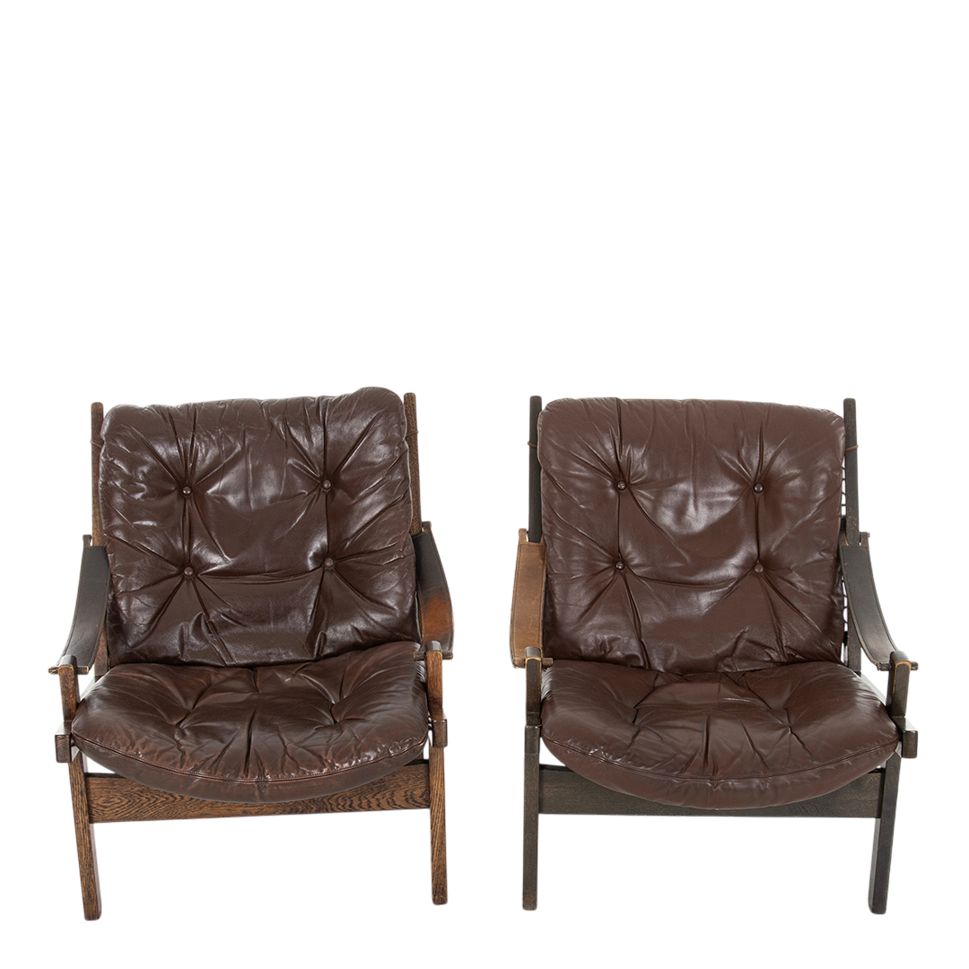 1960s Torbjorn Afdal : pair of brown leather "Hunter" safari chairs