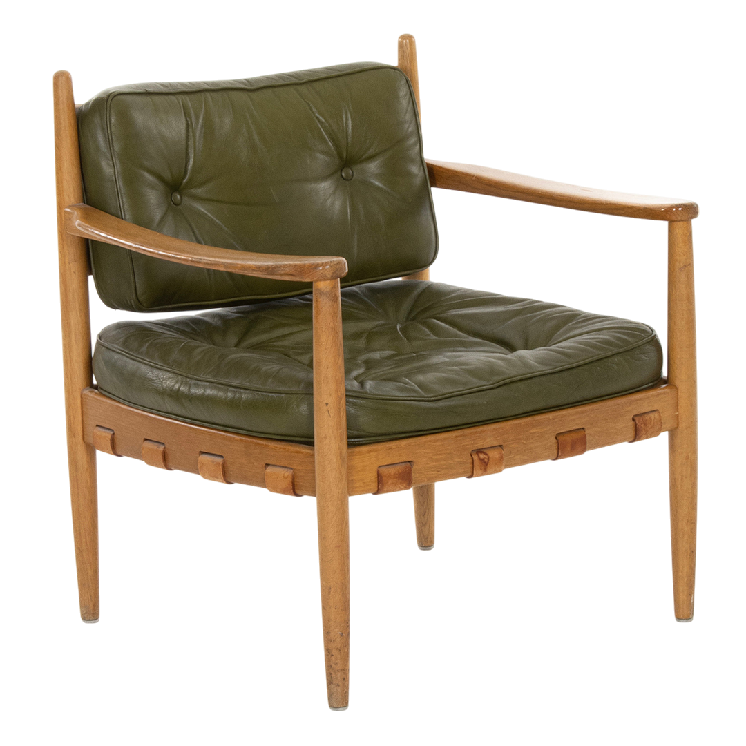 1960s Erik Merthen : Swedish "Cadett" armchair in oak & green leather