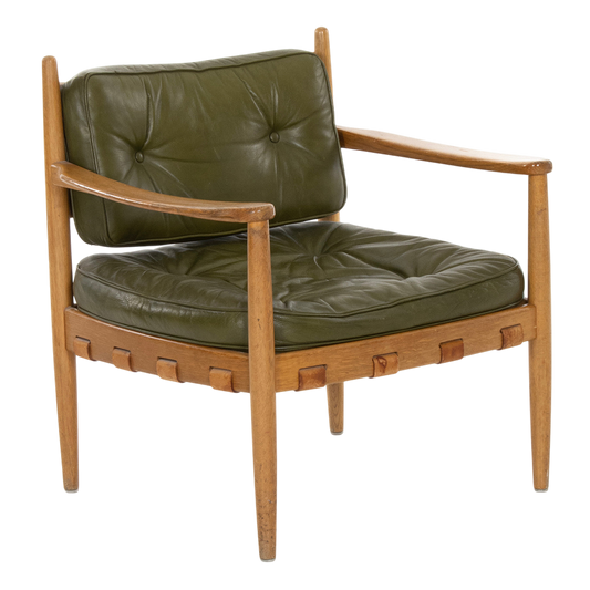 1960s Erik Merthen : Swedish "Cadett" armchair in oak & green leather