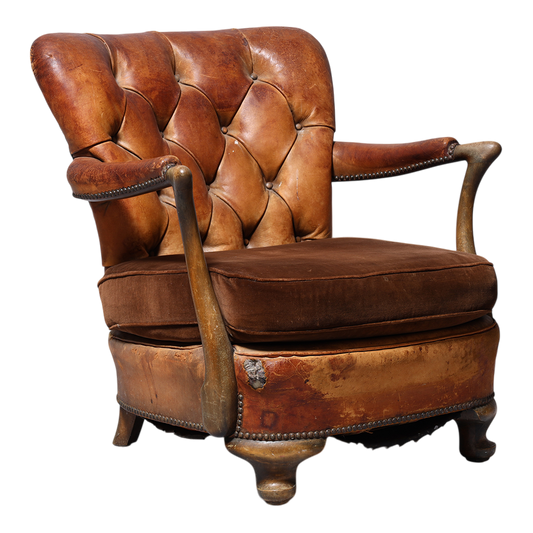 1930s Danish : tufted leather library chair w/velvet seat