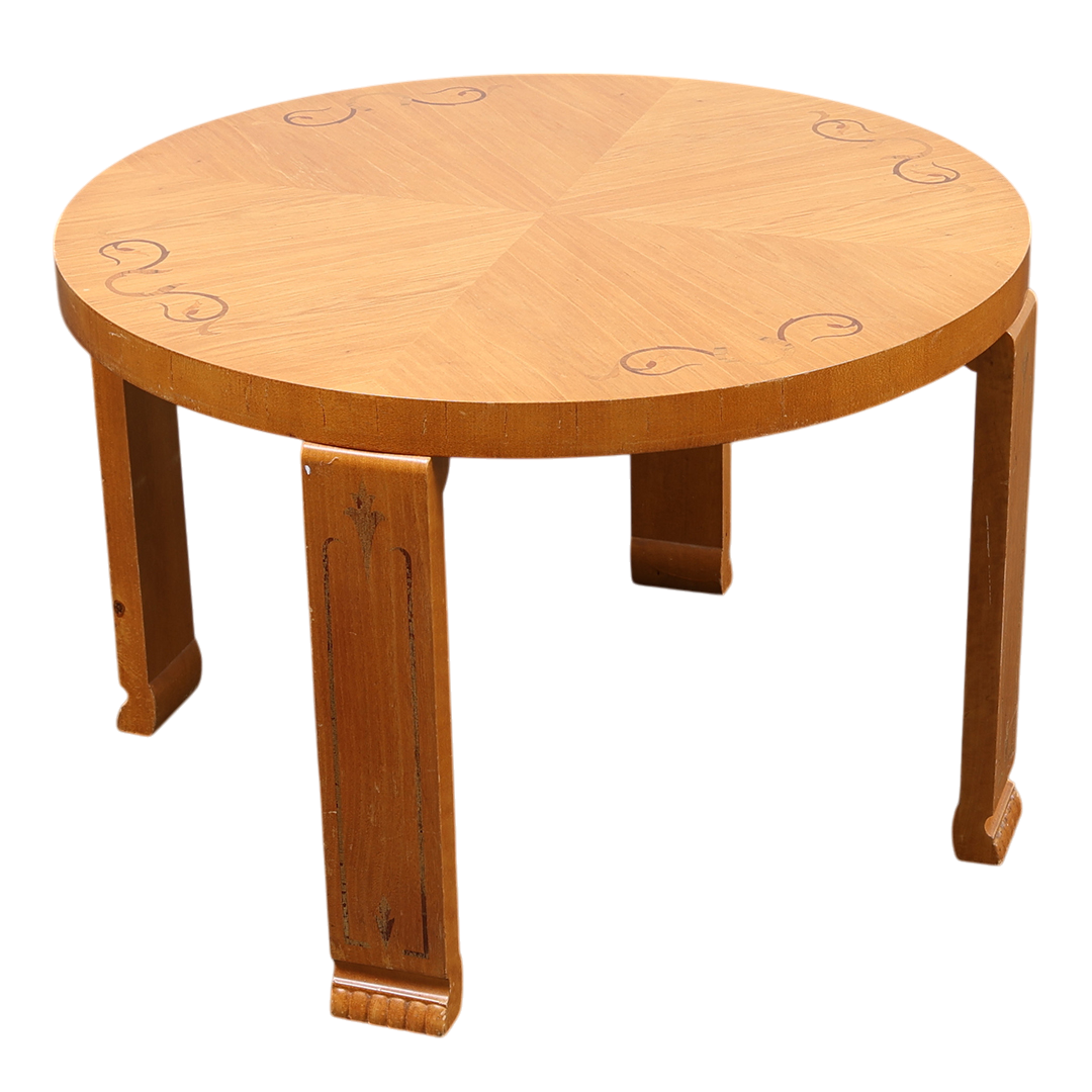 1930s Swedish Grace : 35" circular oak side table w/walnut inlay