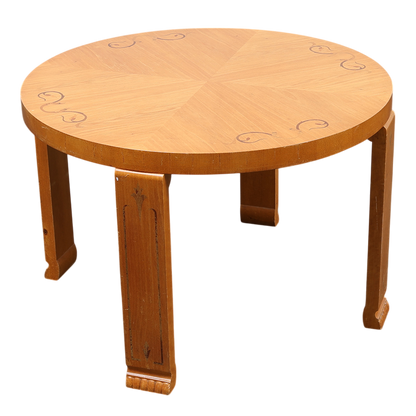 1930s Swedish Grace : 35" circular oak side table w/walnut inlay
