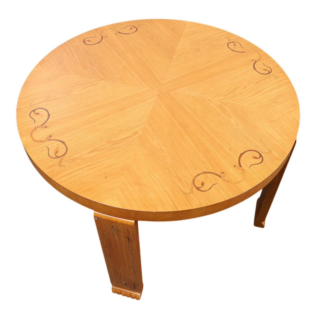 1930s Swedish Grace : 35" circular oak side table w/walnut inlay