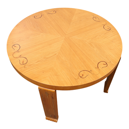 1930s Swedish Grace : 35" circular oak side table w/walnut inlay