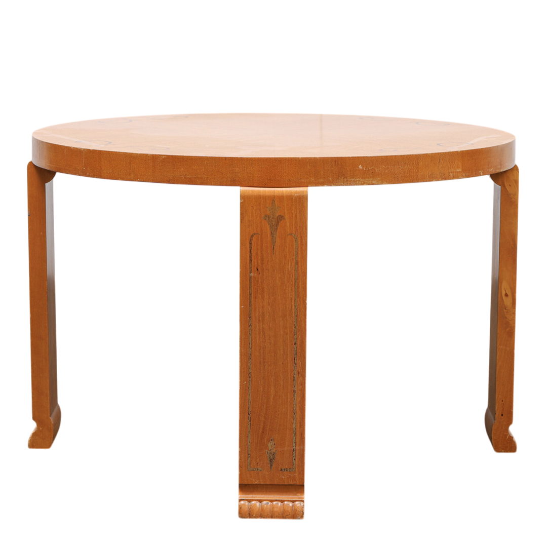 1930s Swedish Grace : 35" circular oak side table w/walnut inlay