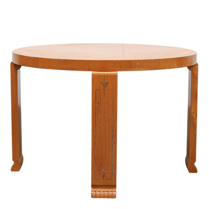 1930s Swedish Grace : 35" circular oak side table w/walnut inlay