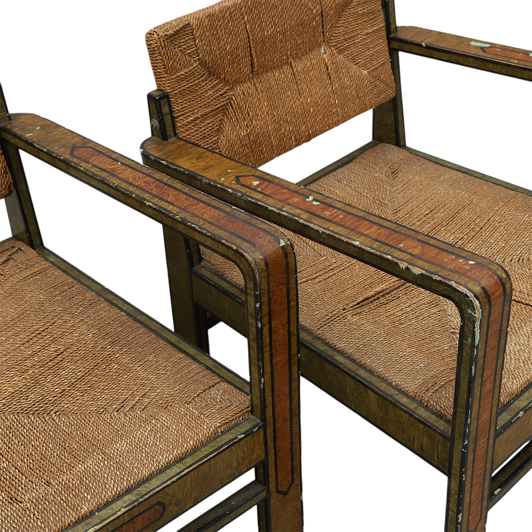 1940s Swedish : Allmoge Revival painted wood & corded rush armchair