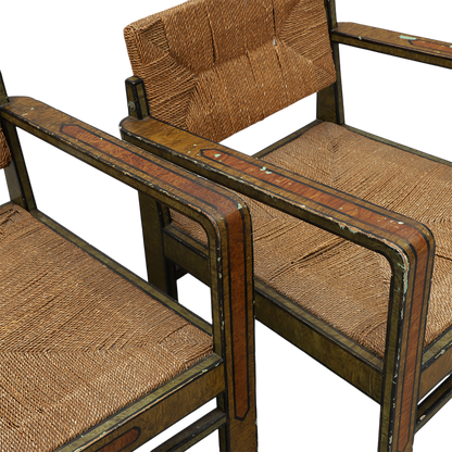 1940s Swedish : Allmoge Revival painted wood & corded rush armchair