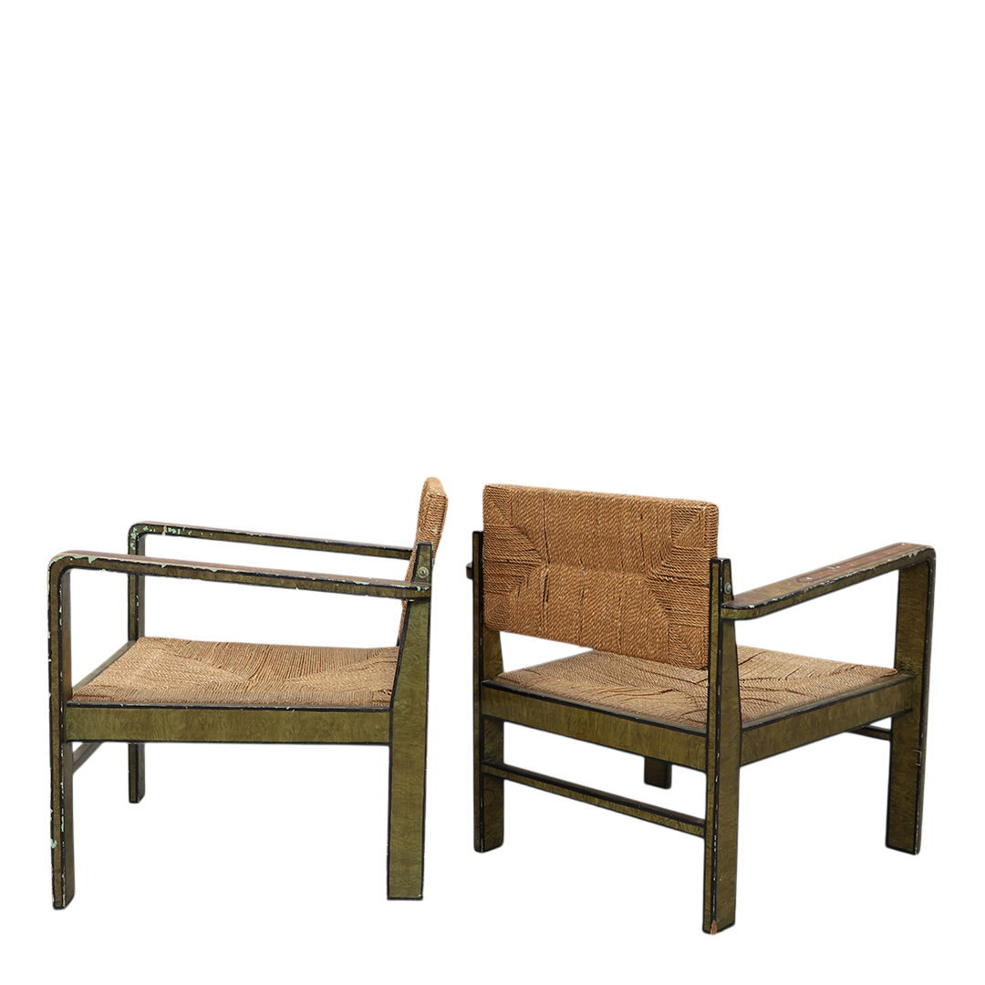 1940s Swedish : Allmoge Revival painted wood & corded rush armchair