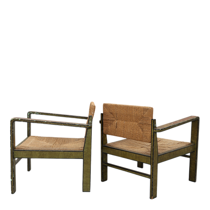 1940s Swedish : Allmoge Revival painted wood & corded rush armchair