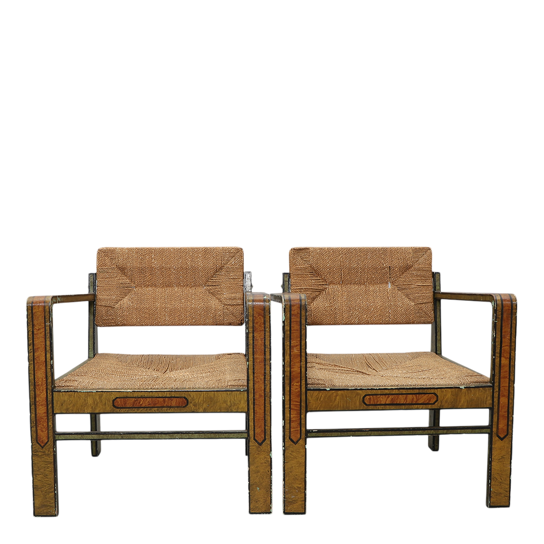 1940s Swedish : Allmoge Revival painted wood & corded rush armchair