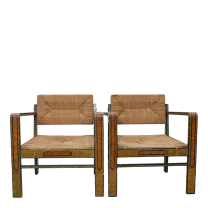 1940s Swedish : Allmoge Revival painted wood & corded rush armchair