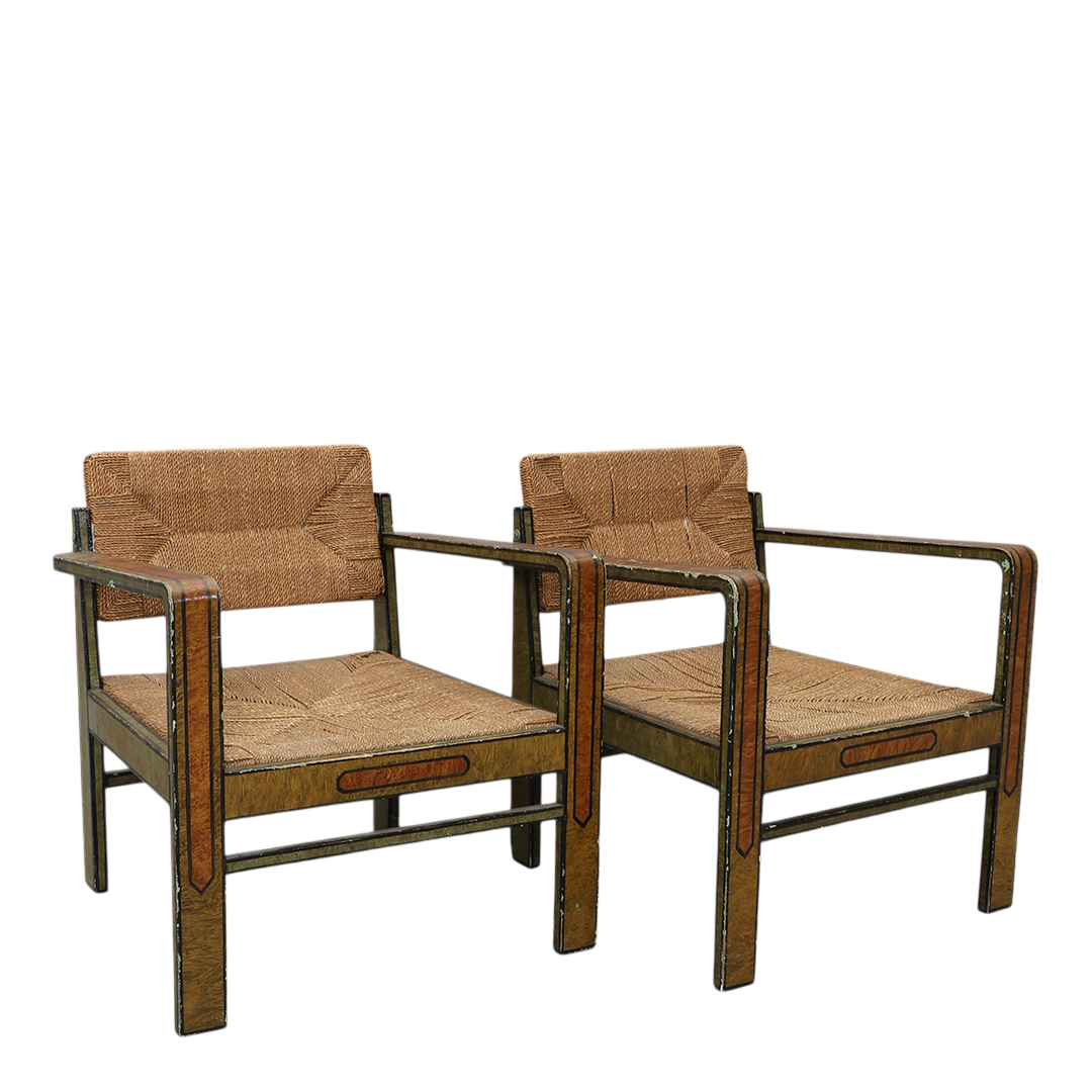 1940s Swedish : Allmoge Revival painted wood & corded rush armchair